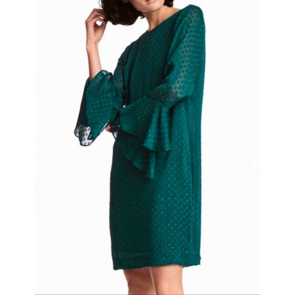 H&M Long Bell Sleeve Swiss Dot Mini Dress, Emerald Green - Size 4 - Picture 1 of 8